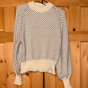 Women's Cream and Blue Patterned Mock Neck Sweater